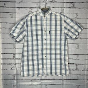 Columbia Blue and White Casual Button Down Plaid Shirt Classic Collared SZ L Y2K